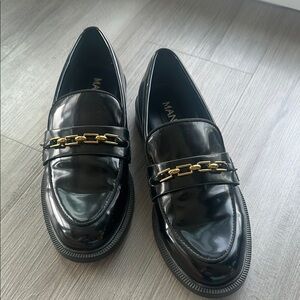 Mango Black Patent Loafers with Gold Chain